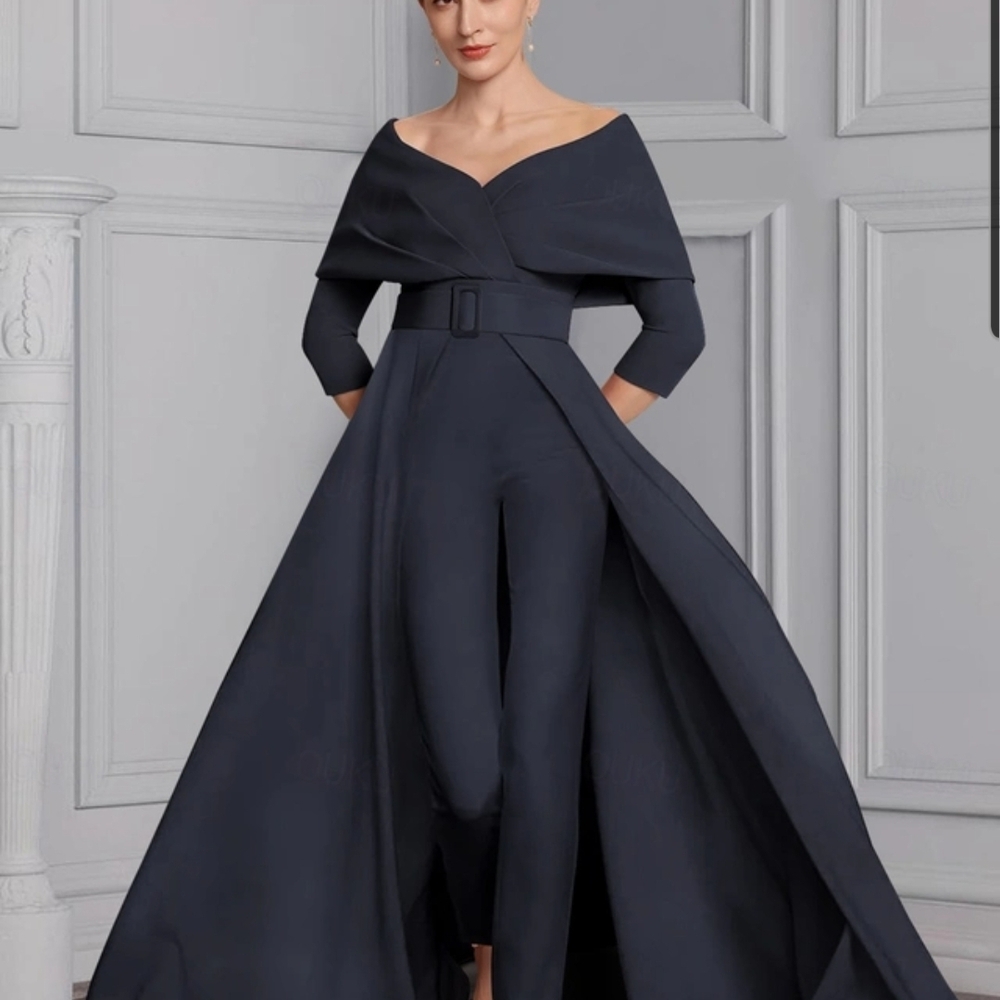 Off-Shoulder Navy Jumpsuit with Draped Overskirt and Belt